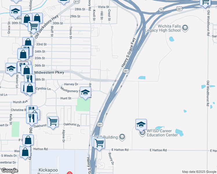 map of restaurants, bars, coffee shops, grocery stores, and more near 901 Midwestern Parkway in Wichita Falls