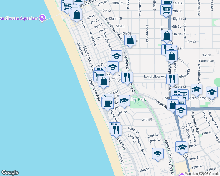 map of restaurants, bars, coffee shops, grocery stores, and more near 303 30th Street in Hermosa Beach