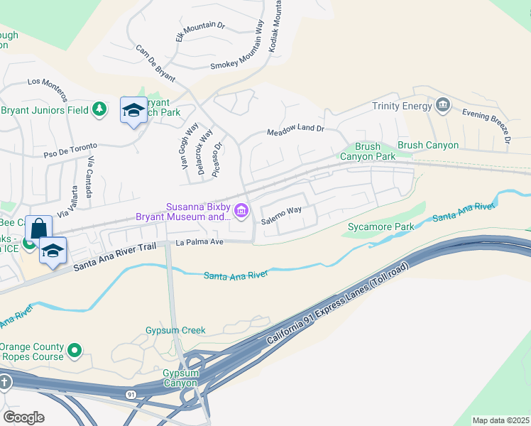 map of restaurants, bars, coffee shops, grocery stores, and more near 25504 Palermo Way in Yorba Linda