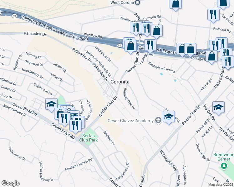 map of restaurants, bars, coffee shops, grocery stores, and more near Palisades Drive & Serfas Club Drive in Corona