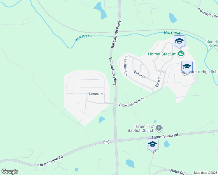map of restaurants, bars, coffee shops, grocery stores, and more near 17 Majestic Court in Hiram