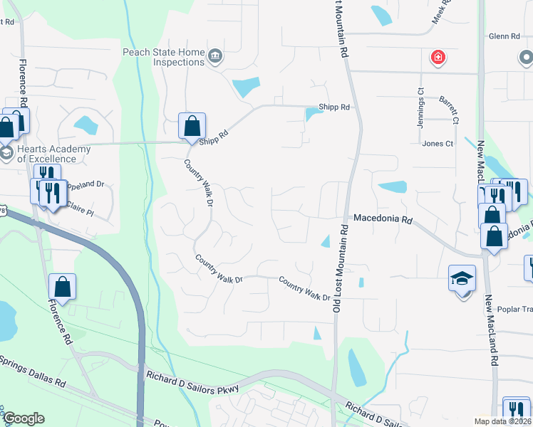 map of restaurants, bars, coffee shops, grocery stores, and more near 4762 Quail Hunt Court in Powder Springs