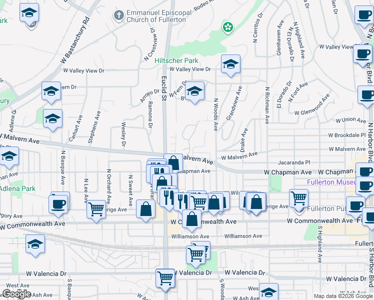 map of restaurants, bars, coffee shops, grocery stores, and more near 802 Glenwood Circle in Fullerton