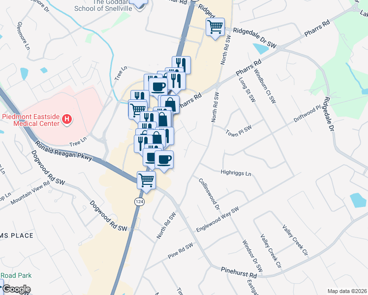 map of restaurants, bars, coffee shops, grocery stores, and more near 2011 Statewood Court Southwest in Snellville