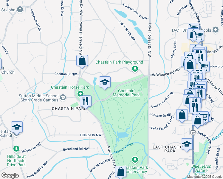 map of restaurants, bars, coffee shops, grocery stores, and more near 215 West Wieuca Road Northwest in Atlanta