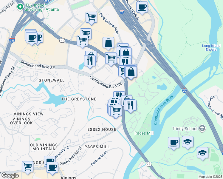 map of restaurants, bars, coffee shops, grocery stores, and more near 3340 Cumberland Boulevard Southeast in Atlanta