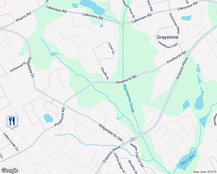 map of restaurants, bars, coffee shops, grocery stores, and more near 1438 Pinehurst Road in Grayson