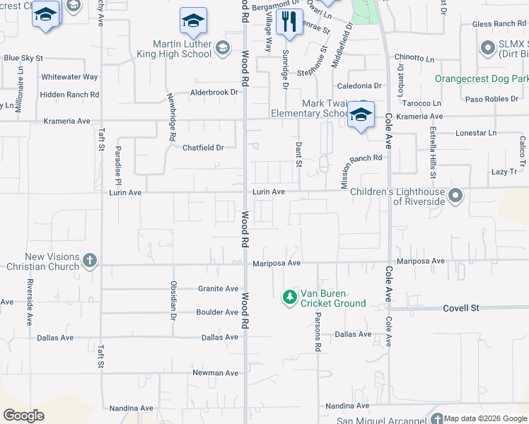 map of restaurants, bars, coffee shops, grocery stores, and more near 19001-19201 Lurin Avenue in Riverside