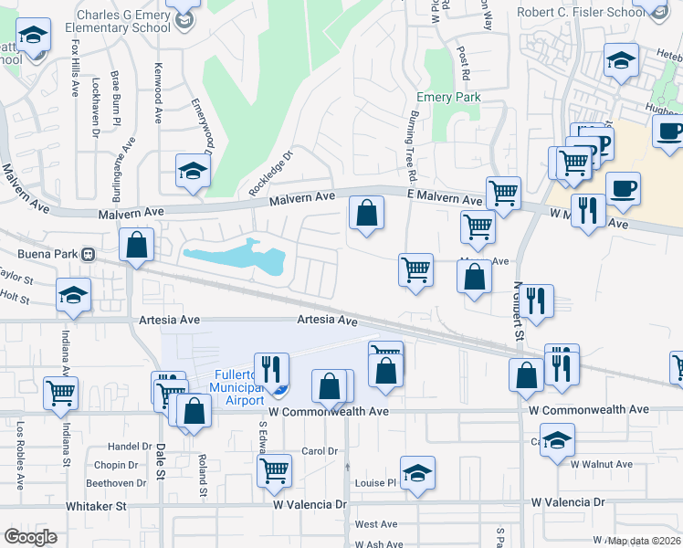 map of restaurants, bars, coffee shops, grocery stores, and more near 35 Bayview Drive in Buena Park