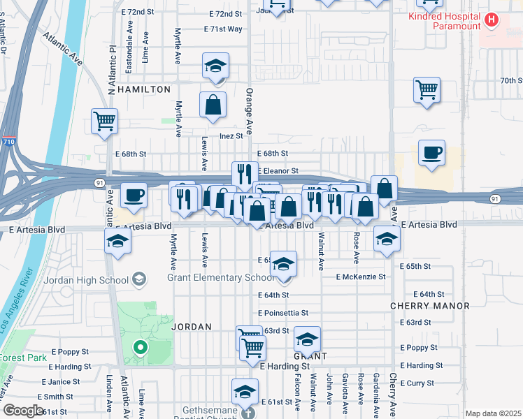 map of restaurants, bars, coffee shops, grocery stores, and more near 1306 East 67th Street in Long Beach