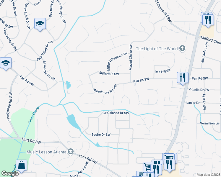 map of restaurants, bars, coffee shops, grocery stores, and more near 1701 Silverchase Drive Southwest in Marietta