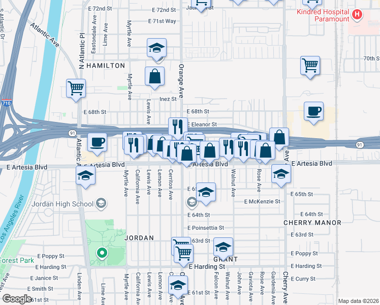 map of restaurants, bars, coffee shops, grocery stores, and more near 6642 Orange Avenue in Long Beach