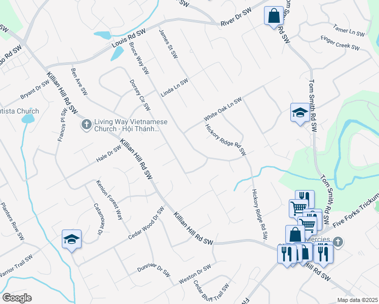 map of restaurants, bars, coffee shops, grocery stores, and more near 647 Bruce Way Southwest in Lilburn