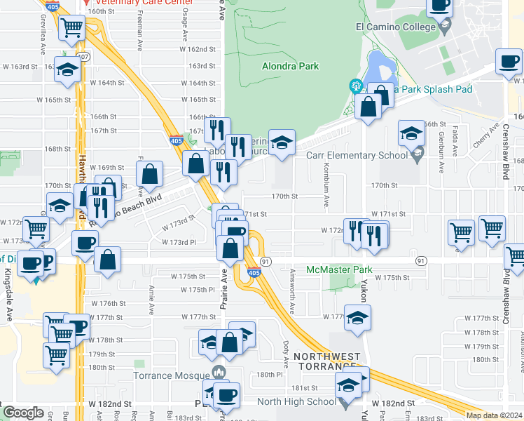 map of restaurants, bars, coffee shops, grocery stores, and more near 3850 170th Street in Torrance