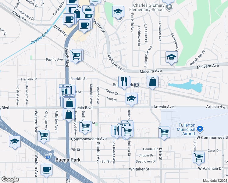 map of restaurants, bars, coffee shops, grocery stores, and more near 8101 Taylor Street in Buena Park