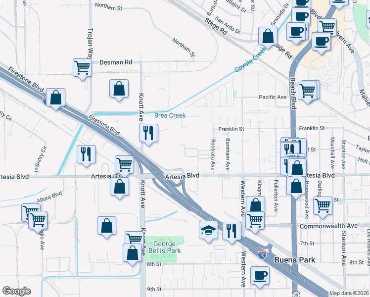 map of restaurants, bars, coffee shops, grocery stores, and more near 5720 Spring Street in Buena Park