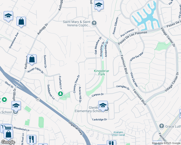 map of restaurants, bars, coffee shops, grocery stores, and more near 19681 Lancewood Plaza in Yorba Linda