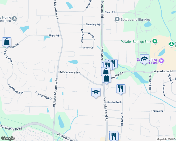 map of restaurants, bars, coffee shops, grocery stores, and more near 3343 Mooring Drive in Powder Springs