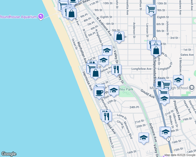 map of restaurants, bars, coffee shops, grocery stores, and more near 242 32nd Place in Hermosa Beach