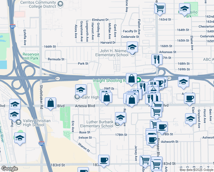 map of restaurants, bars, coffee shops, grocery stores, and more near 11415 Jenkins Street in Artesia