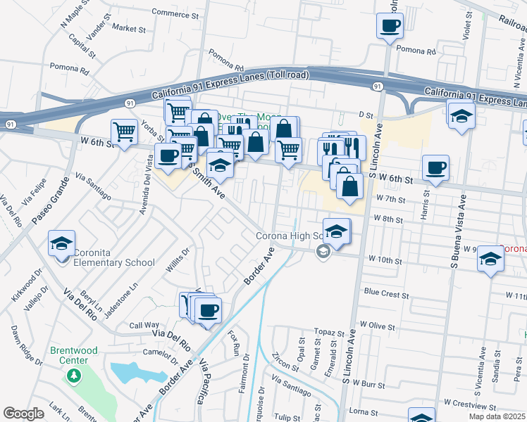 map of restaurants, bars, coffee shops, grocery stores, and more near 1315 West 8th Street in Corona