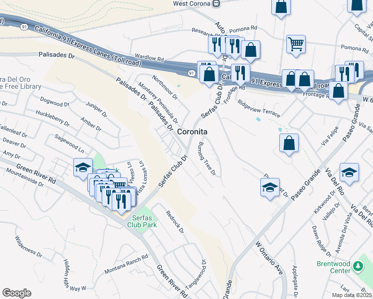 map of restaurants, bars, coffee shops, grocery stores, and more near 980 Serfas Club Drive in Corona