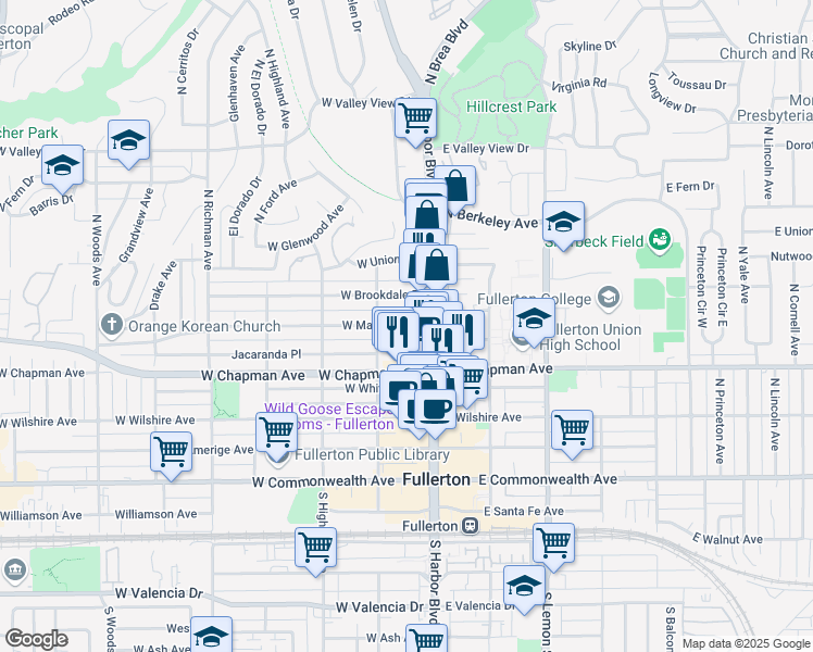 map of restaurants, bars, coffee shops, grocery stores, and more near 122 West Brookdale Place in Fullerton