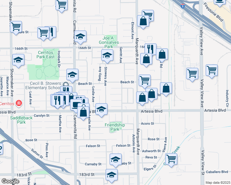 map of restaurants, bars, coffee shops, grocery stores, and more near 13635 Palm Street in Cerritos