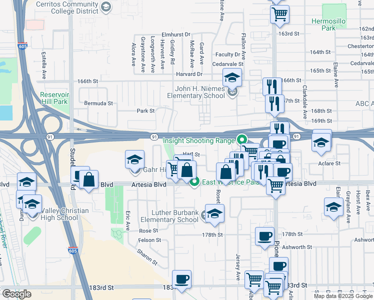 map of restaurants, bars, coffee shops, grocery stores, and more near 11415 Jenkins Street in Artesia