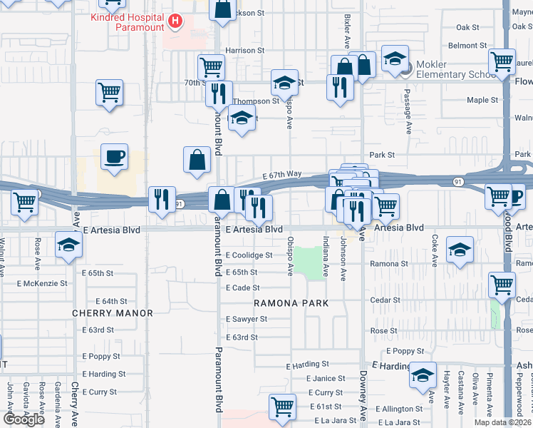 map of restaurants, bars, coffee shops, grocery stores, and more near 6673 North Hammond Avenue in Long Beach