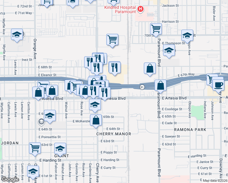 map of restaurants, bars, coffee shops, grocery stores, and more near 6640 Schilling Avenue in Long Beach