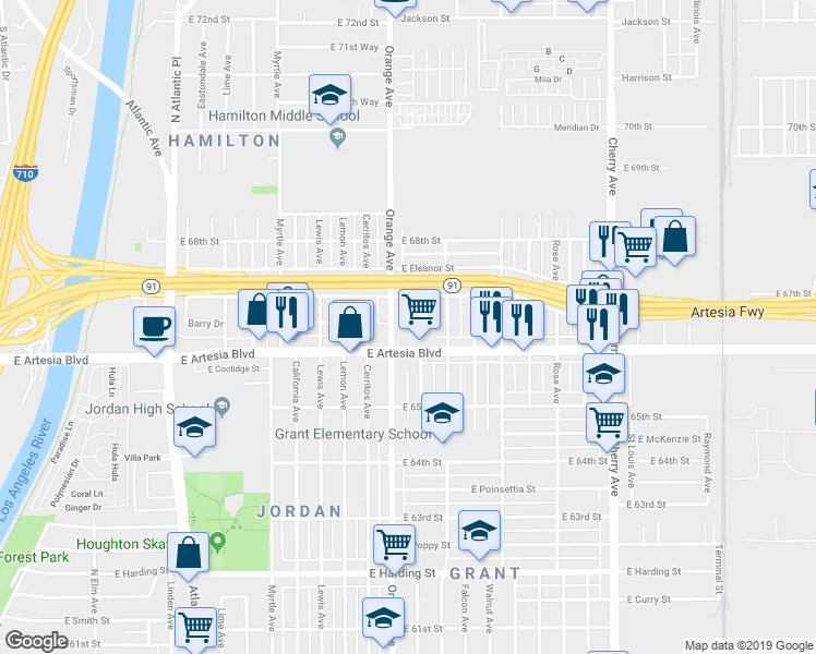 map of restaurants, bars, coffee shops, grocery stores, and more near 1306 East 67th Street in Long Beach