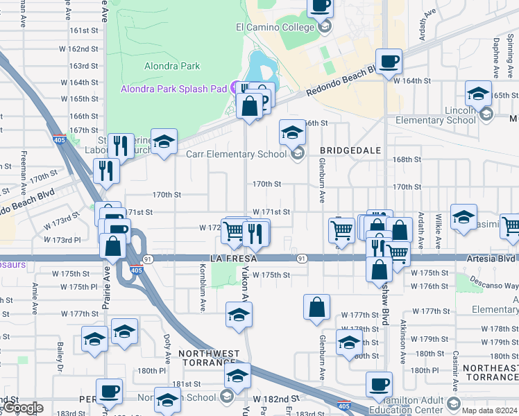 map of restaurants, bars, coffee shops, grocery stores, and more near 17022 Yukon Avenue in Torrance