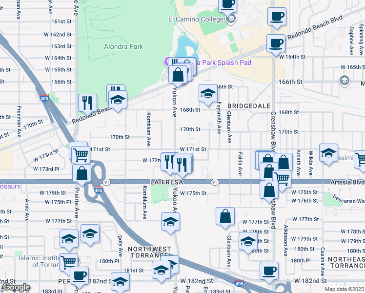 map of restaurants, bars, coffee shops, grocery stores, and more near 17022 Yukon Avenue in Torrance