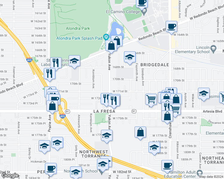 map of restaurants, bars, coffee shops, grocery stores, and more near 17022 Yukon Avenue in Torrance