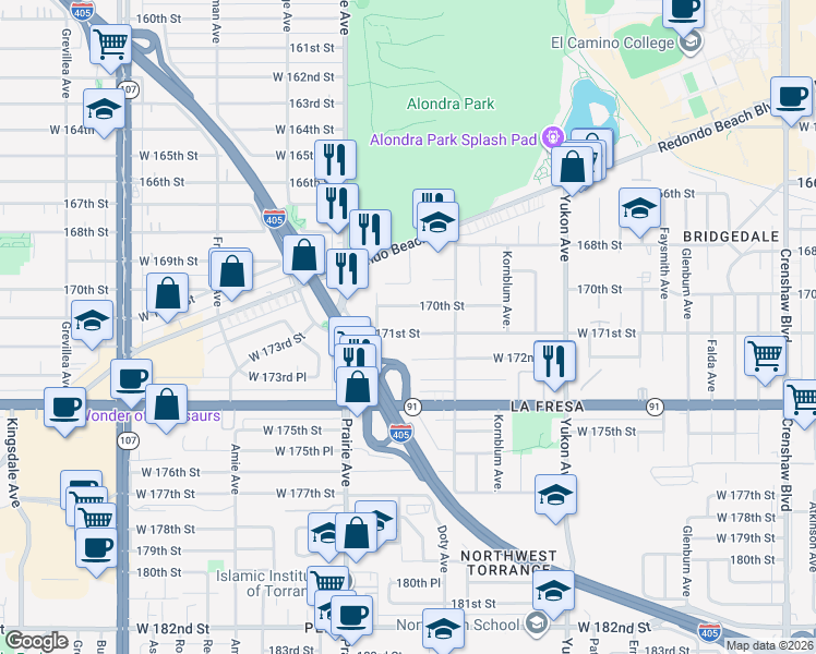 map of restaurants, bars, coffee shops, grocery stores, and more near 3850 170th Street in Torrance