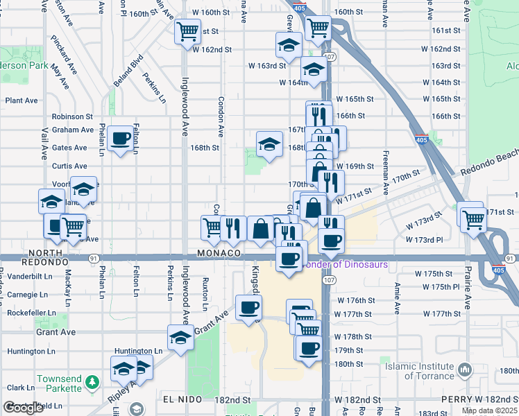 map of restaurants, bars, coffee shops, grocery stores, and more near 4535 West 171st Street in Lawndale