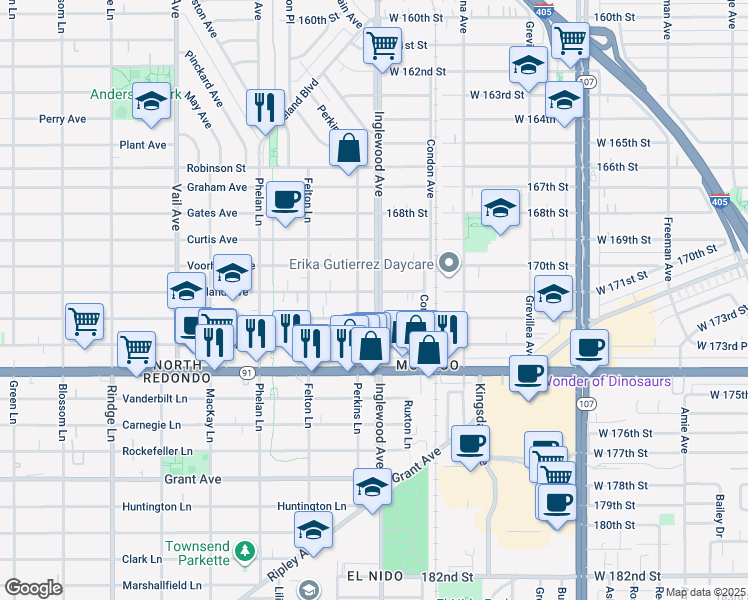 map of restaurants, bars, coffee shops, grocery stores, and more near 2302 Perkins Lane in Redondo Beach