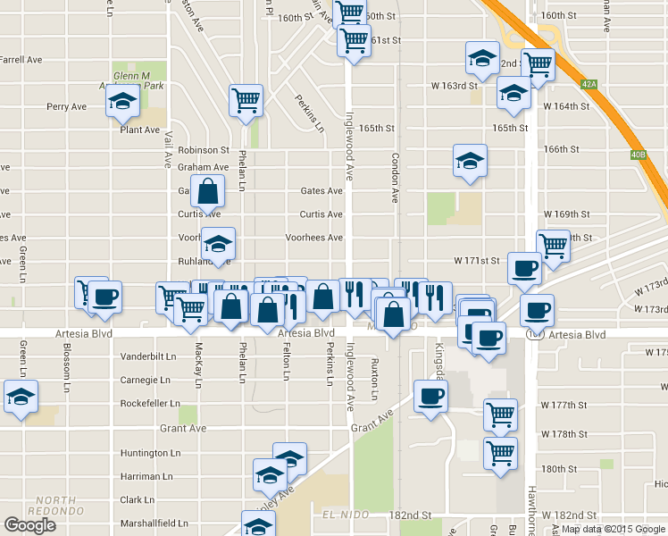 map of restaurants, bars, coffee shops, grocery stores, and more near 2302 Perkins Lane in Redondo Beach