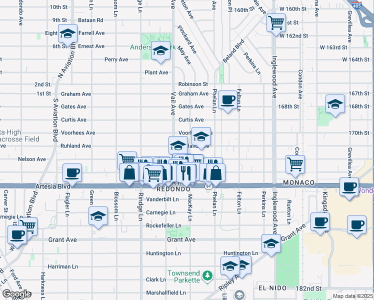 map of restaurants, bars, coffee shops, grocery stores, and more near 2305 Ruhland Avenue in Redondo Beach