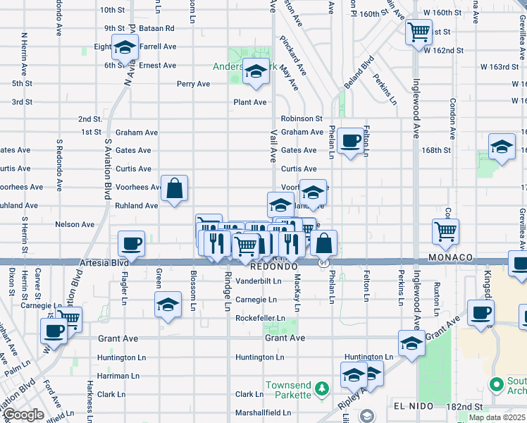 map of restaurants, bars, coffee shops, grocery stores, and more near 2221 Ruhland Avenue in Redondo Beach