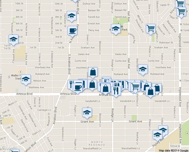 map of restaurants, bars, coffee shops, grocery stores, and more near 2017 Ruhland Avenue in Redondo Beach