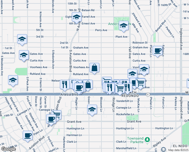 map of restaurants, bars, coffee shops, grocery stores, and more near 2017 Ruhland Avenue in Redondo Beach