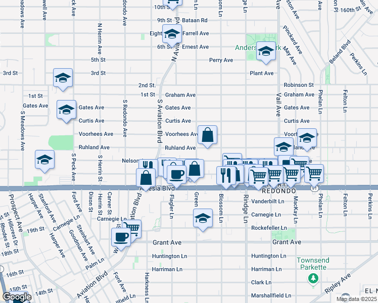 map of restaurants, bars, coffee shops, grocery stores, and more near 1935 Ruhland Avenue in Redondo Beach