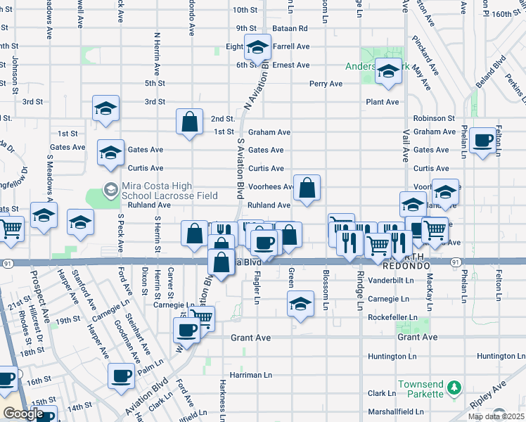 map of restaurants, bars, coffee shops, grocery stores, and more near 1919 Ruhland Avenue in Redondo Beach