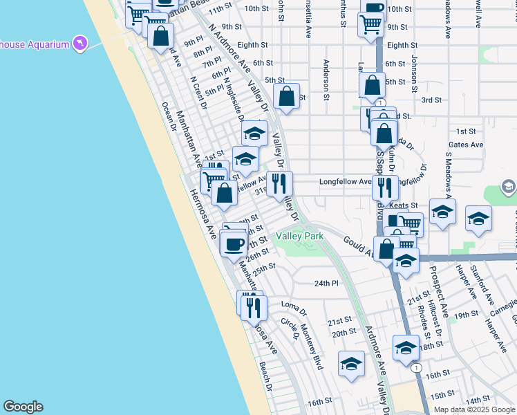 map of restaurants, bars, coffee shops, grocery stores, and more near 357 31st Street in Hermosa Beach