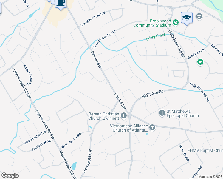 map of restaurants, bars, coffee shops, grocery stores, and more near 1349 Oak Road Southwest in Lilburn