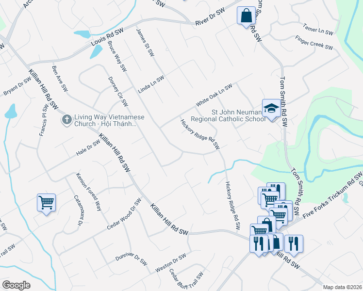 map of restaurants, bars, coffee shops, grocery stores, and more near 676 Bruce Way Southwest in Lilburn