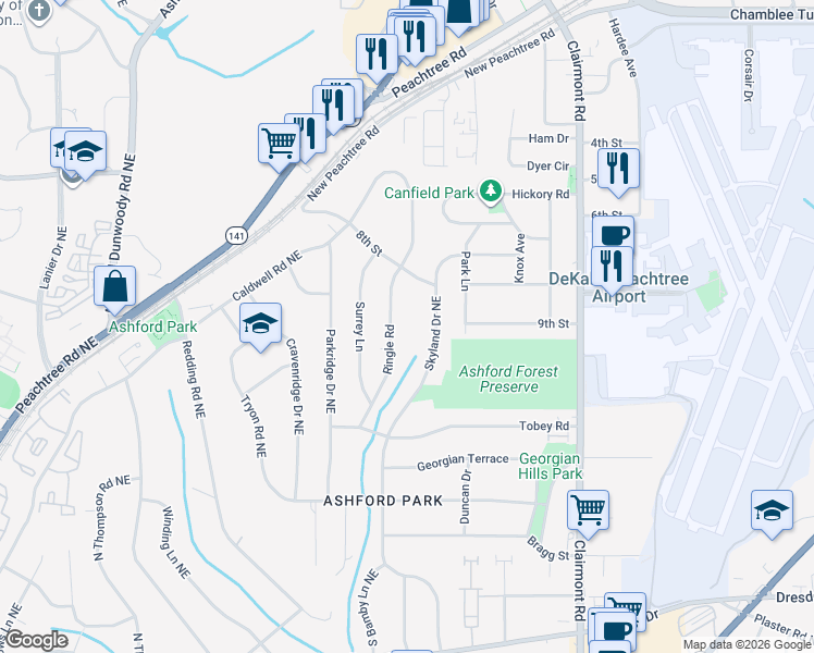 map of restaurants, bars, coffee shops, grocery stores, and more near 2991 Ringle Road in Chamblee