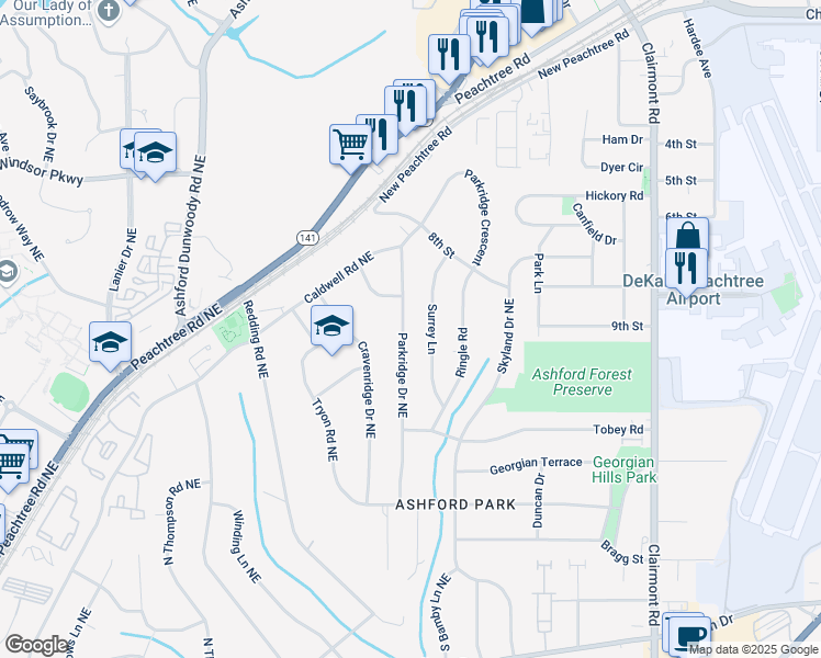 map of restaurants, bars, coffee shops, grocery stores, and more near 2977 Parkridge Drive Northeast in Atlanta